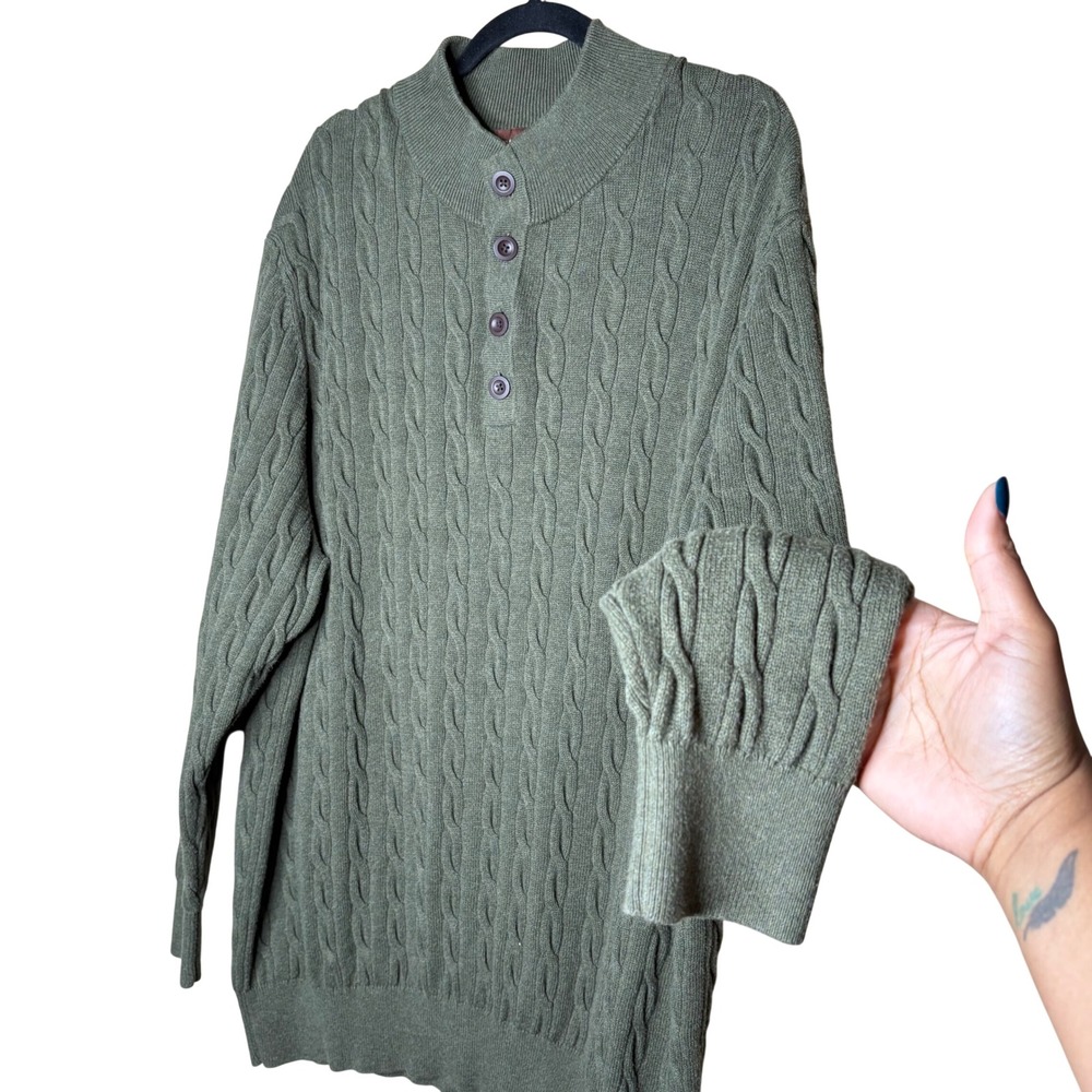 Oak Hill Mens 2XL Olive Green 100% Cotton Cable Knit Henley Mock Neck Sweater